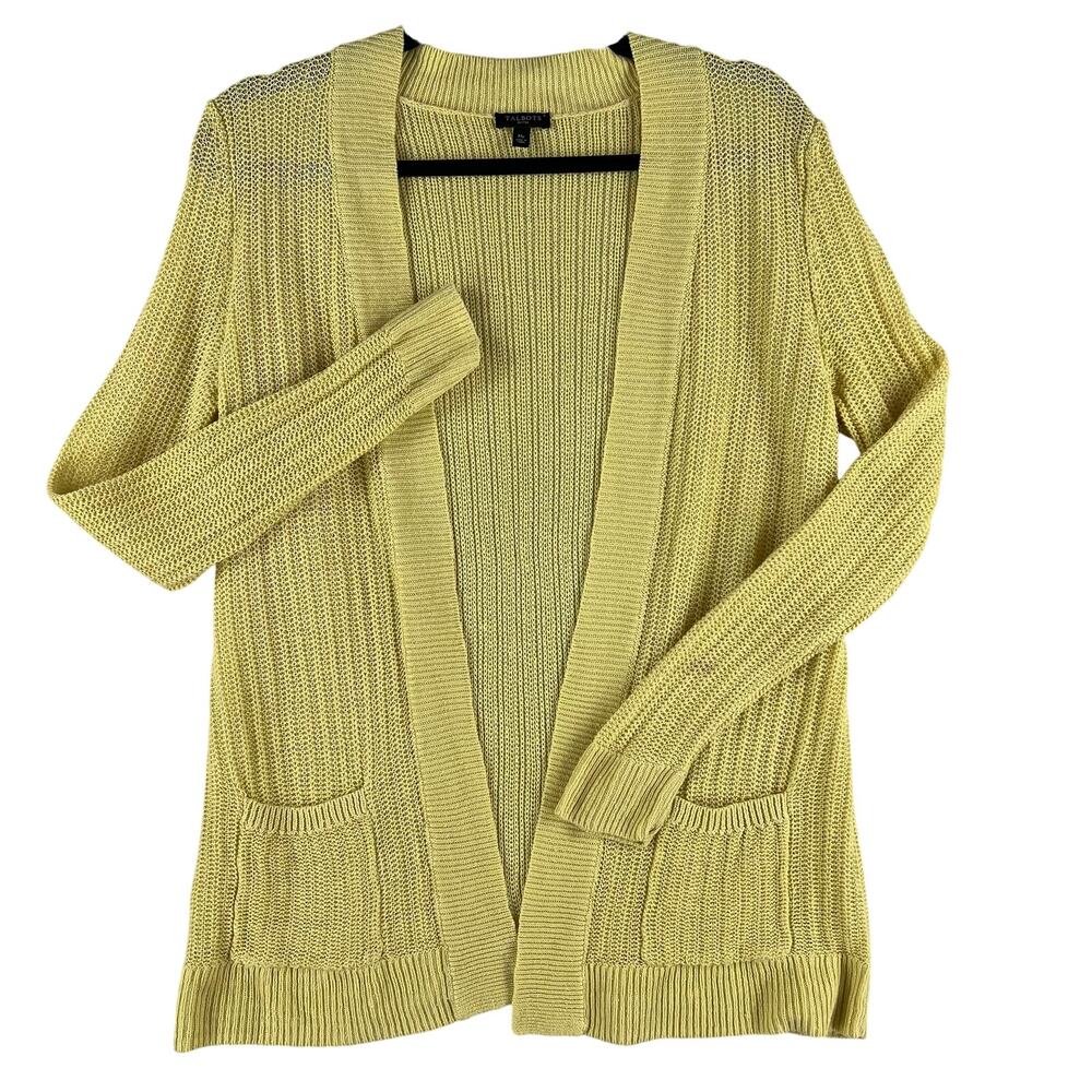 Talbots Petites Womens Open Front 100% Linen Cardigan MP Lemon Yellow